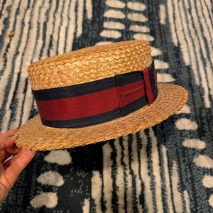 Striped Band Straw Boater Hat - Natural with Red & Black Ribbon